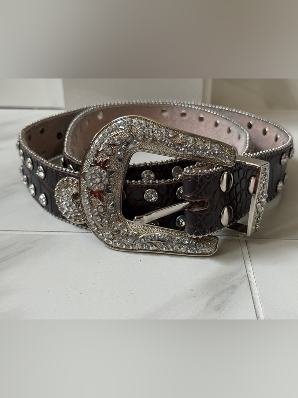 Brown Croc Leather Rhinestone Western Belt XL Bling 3-Piece Buckle Plus Size